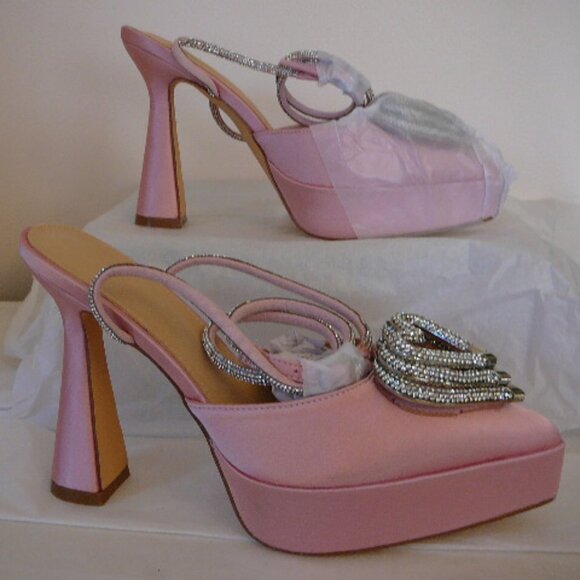 Women's Rose Pink 5" Strappy Platform Heels With 3 Stacked Crystal Hearts-Size 6 - Picture 10 of 10